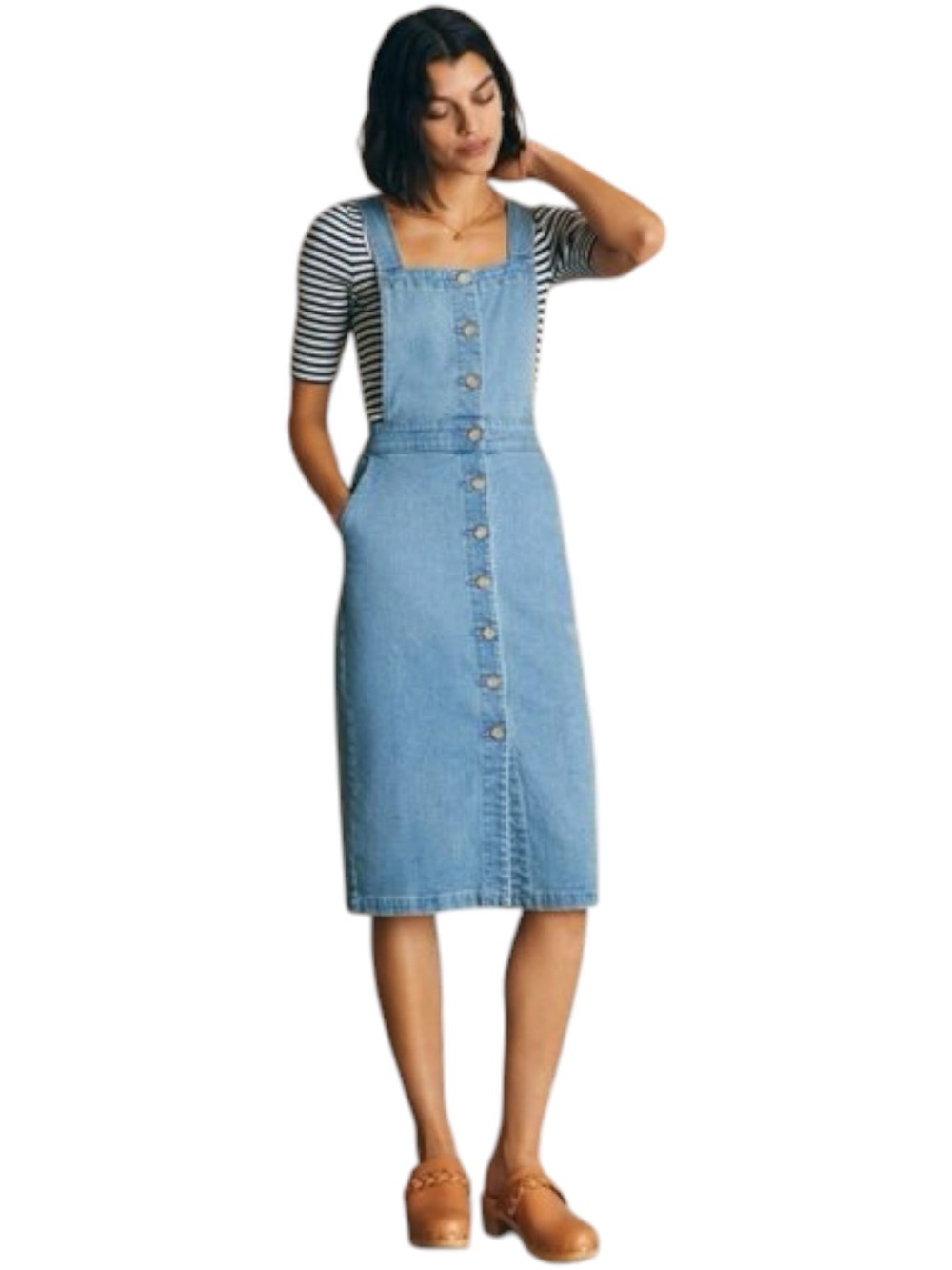 Faherty Organic Cotton Denim Remi Dress Blue Hanalei Wash Midi Pockets Jumper 4
